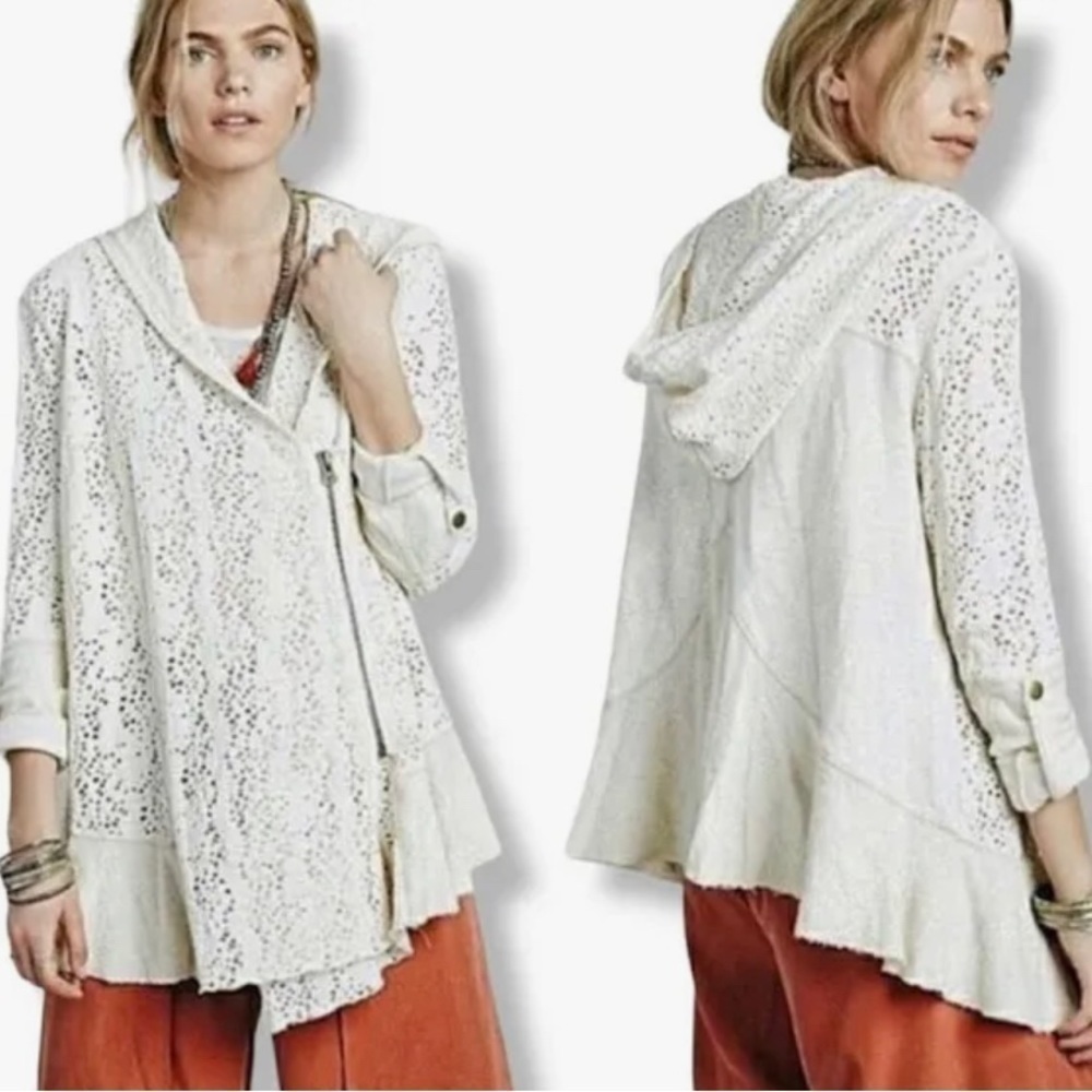 Free People Doily Women’s Open Knit Hooded Cardigan Jacket Cream Sz XS
